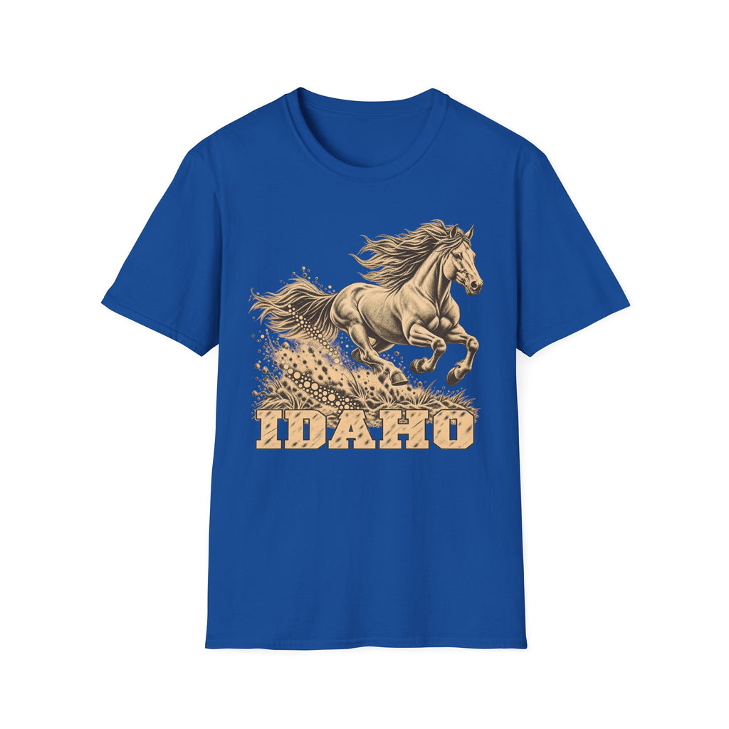 Royal blue T-shirt with golden running horse graphic and Idaho text
