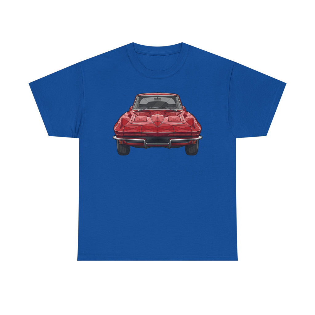 Royal blue T-shirt with red retro sports coupe graphic on the chest