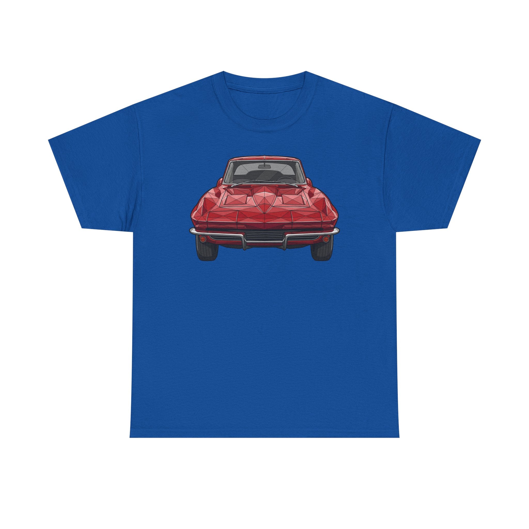 Royal blue T-shirt with red retro sports coupe graphic on the chest