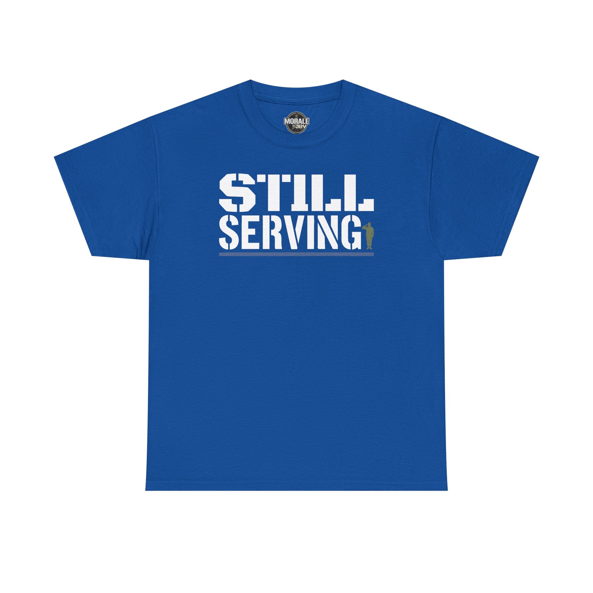 Royal blue crewneck T-shirt with center “STILL SERVING” graphic