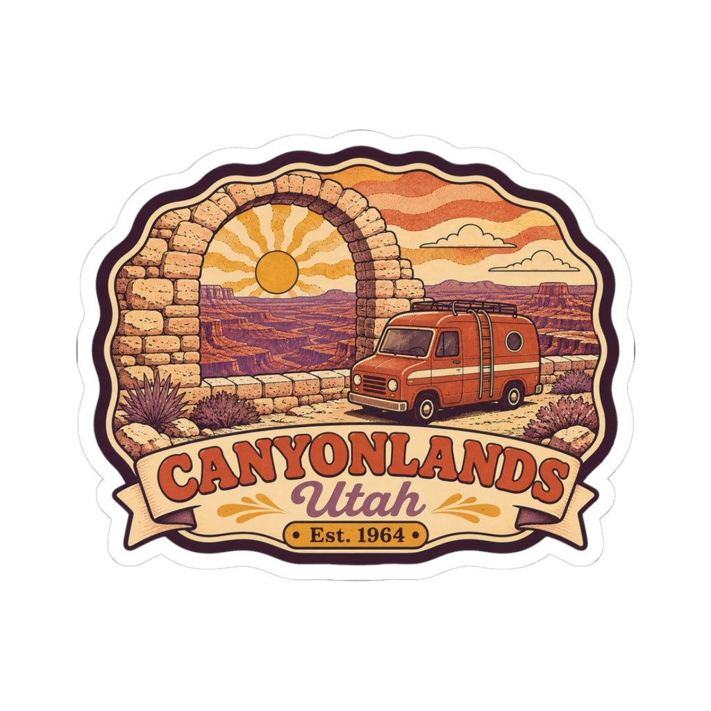 Canyonlands Utah kiss-cut sticker with stone arch, sunset, and orange camper van
