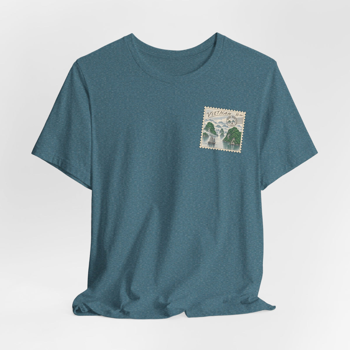 Teal travel t-shirt with small Vietnam postage-stamp style graphic on chest