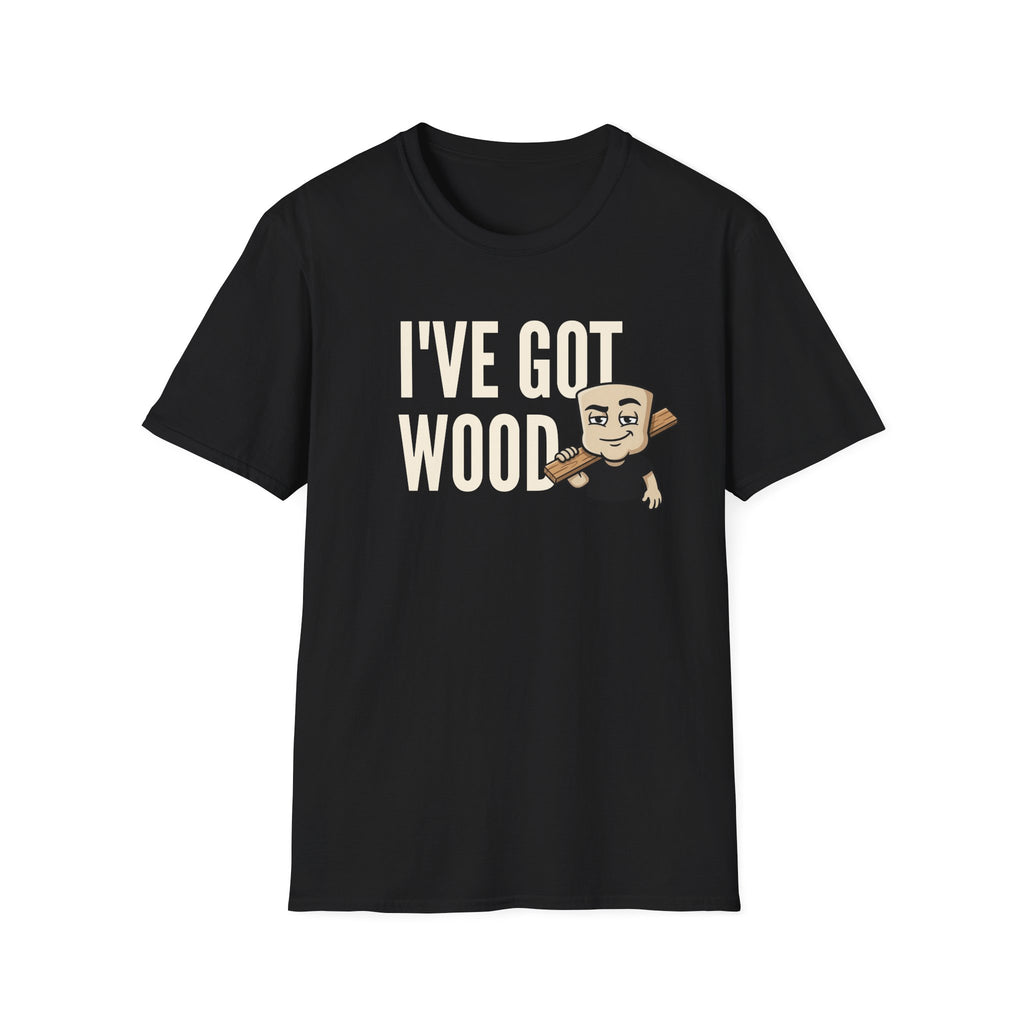 Black T-shirt with "I've Got Wood" graphic and cartoon woodworker holding a tool.