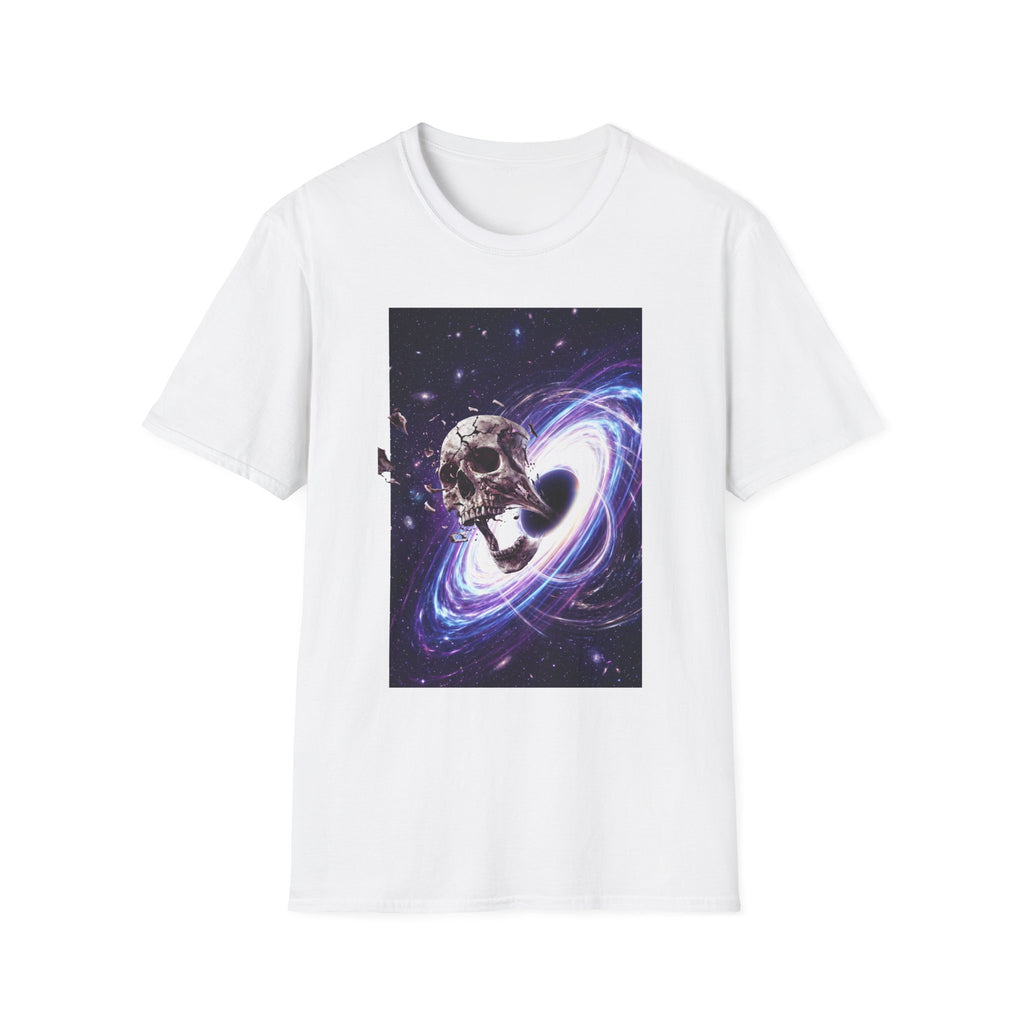 White T-shirt with cosmic skull and galaxy swirl graphic on the front