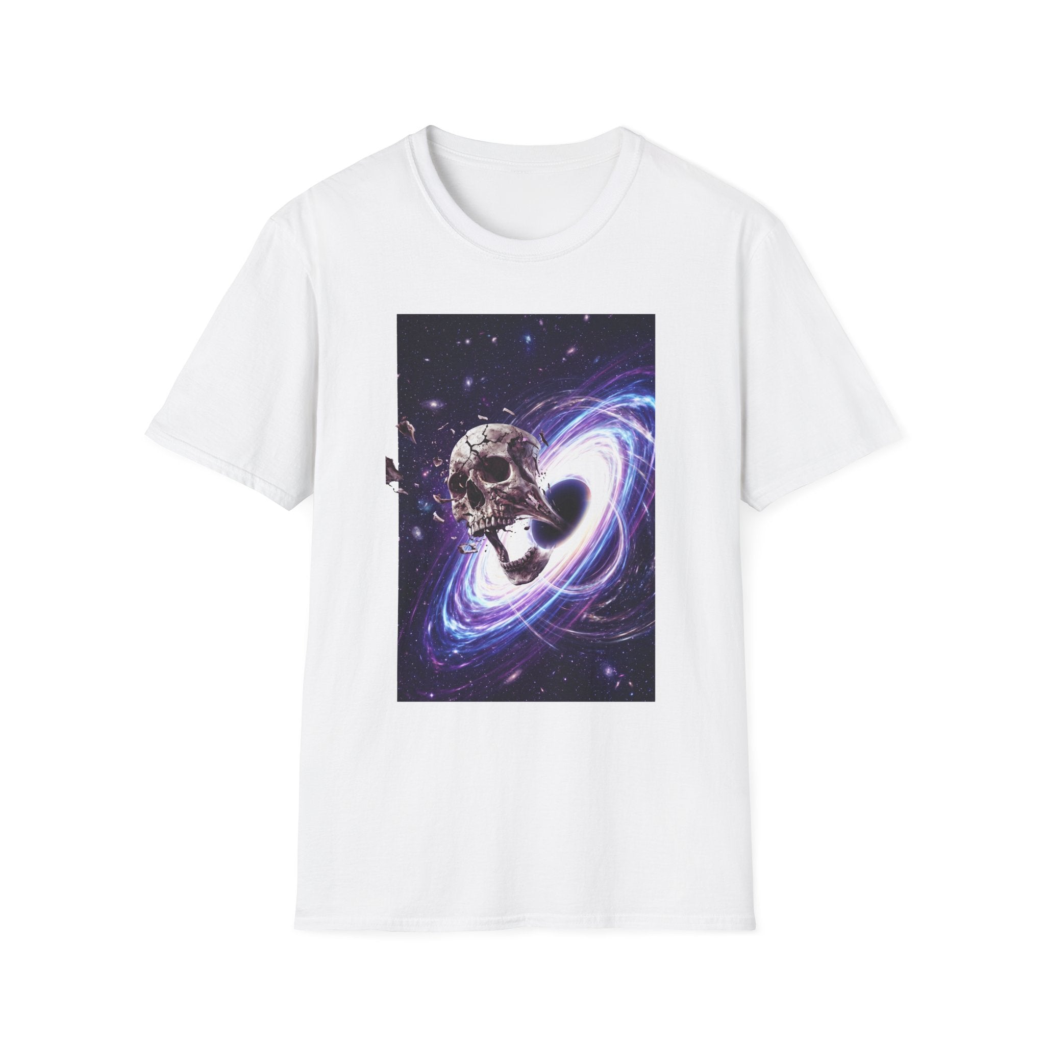White T-shirt with cosmic skull and galaxy swirl graphic on the front