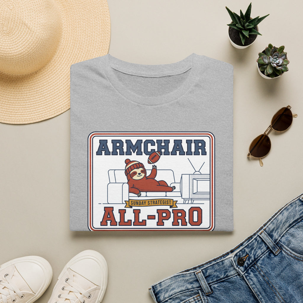 Funny sloth graphic football T-shirt in light gray, “Armchair All-Pro” print