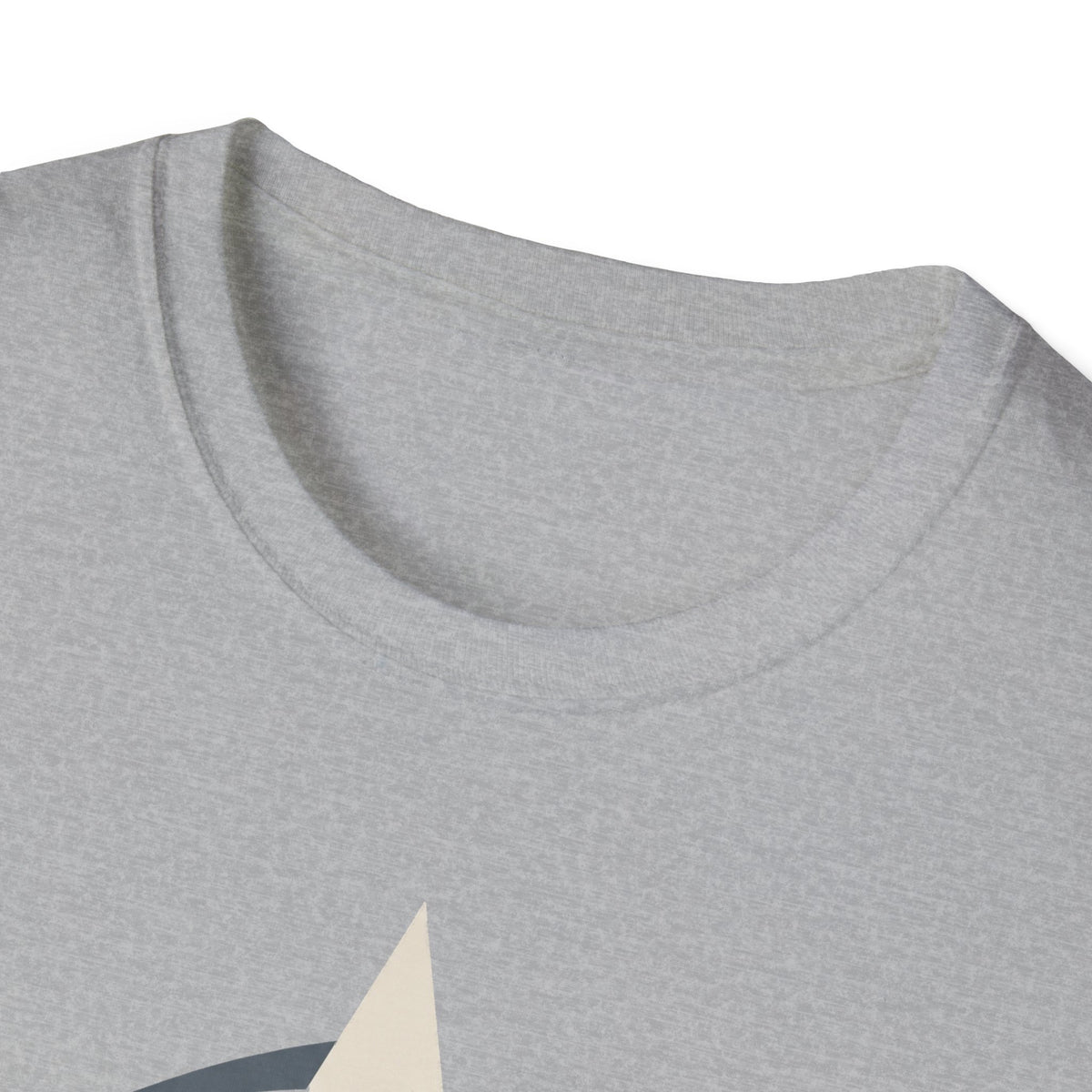 Heather grey crew-neck T-shirt neckline detail, no visible graphic.