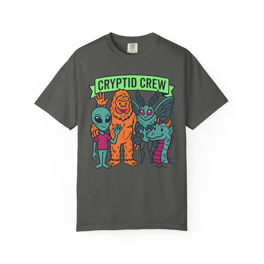 Dark gray crew neck t-shirt with “CRYPTID CREW” cartoon cryptid group graphic