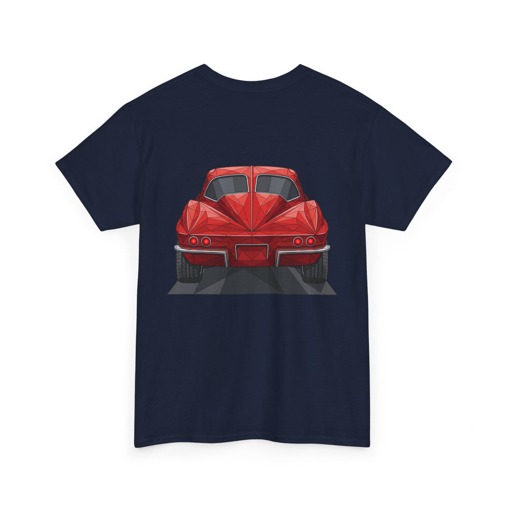 Dark navy T-shirt with red sports coupe graphic on the front