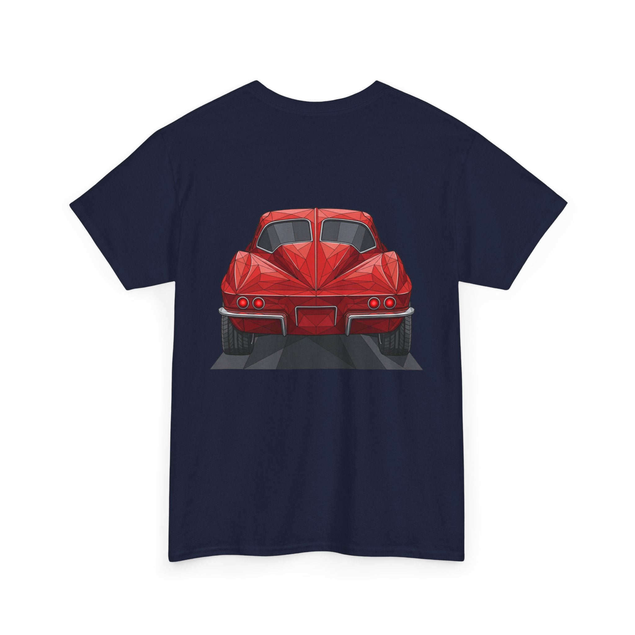 Dark navy T-shirt with red sports coupe graphic on the front