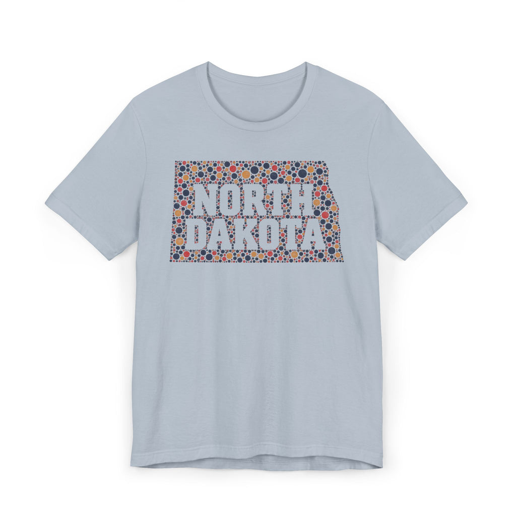 Light blue T-shirt with colorful "North Dakota" floral map graphic on front