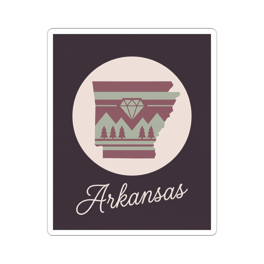 Arkansas state vinyl sticker with circular emblem, maroon stripes, and white 'Arkansas' script
