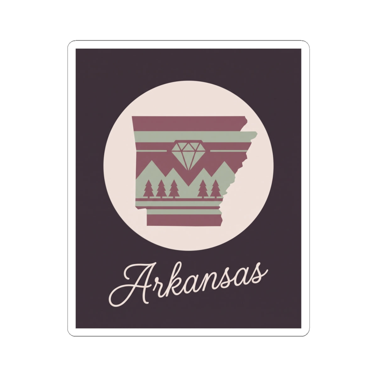 Arkansas state vinyl sticker with circular emblem, maroon stripes, and white 'Arkansas' script