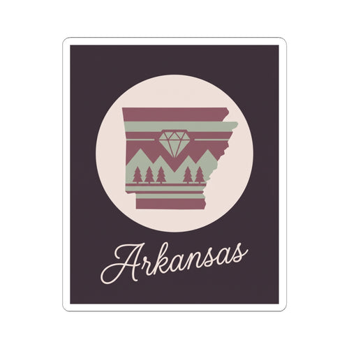 Arkansas state vinyl sticker with circular emblem, maroon stripes, and white 'Arkansas' script