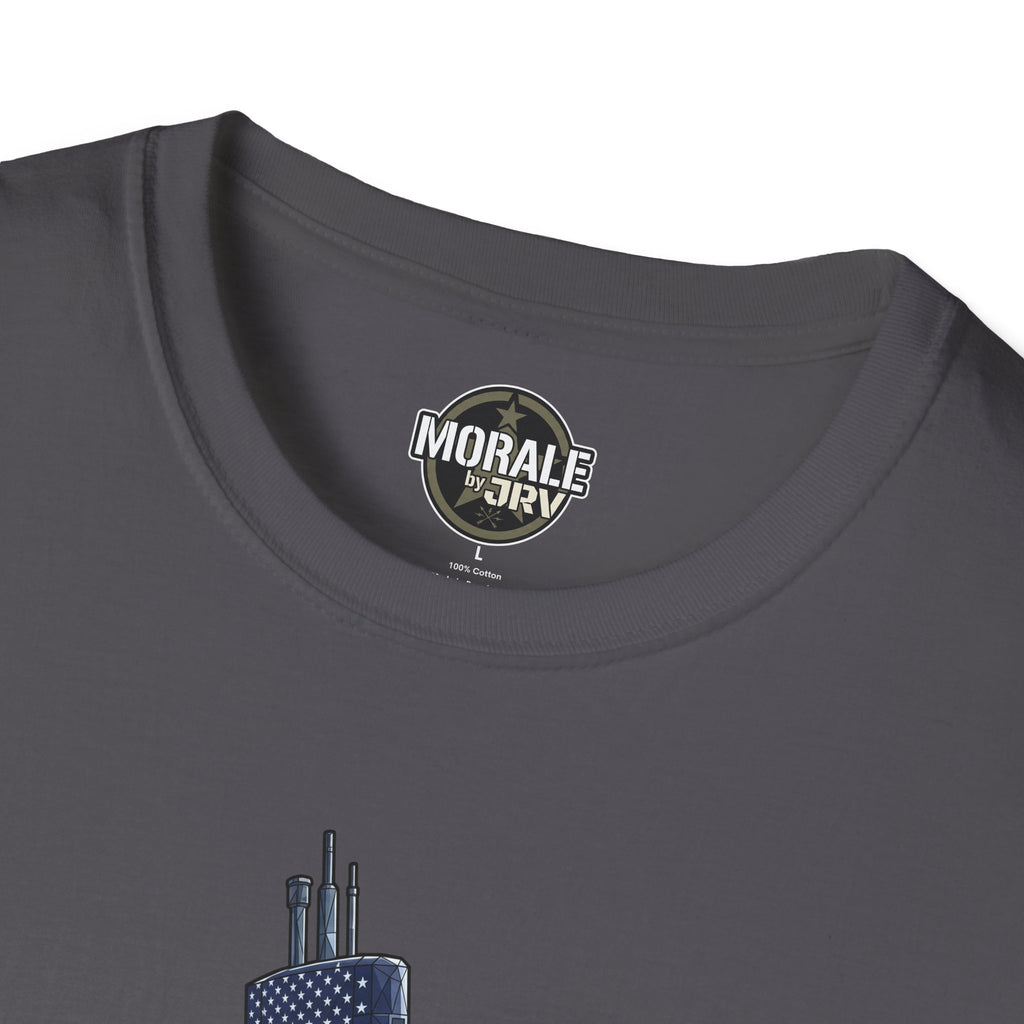 Charcoal crew-neck T-shirt with Morale by JRI chest logo