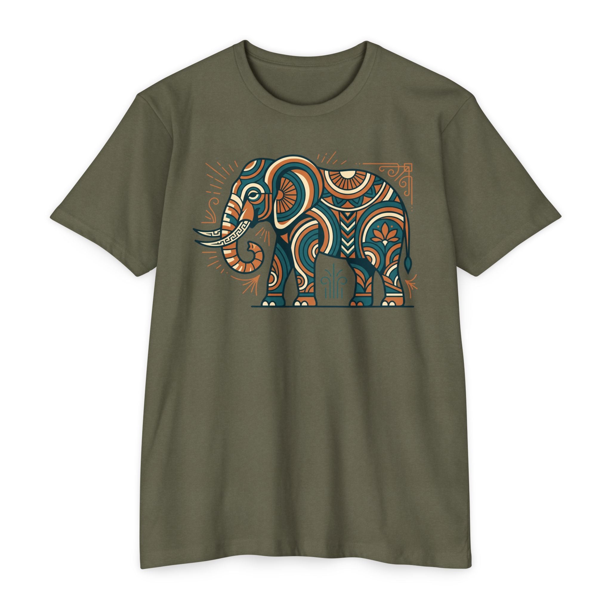Olive green T-shirt with colorful elephant graphic on the chest, crew neck, short sleeves.