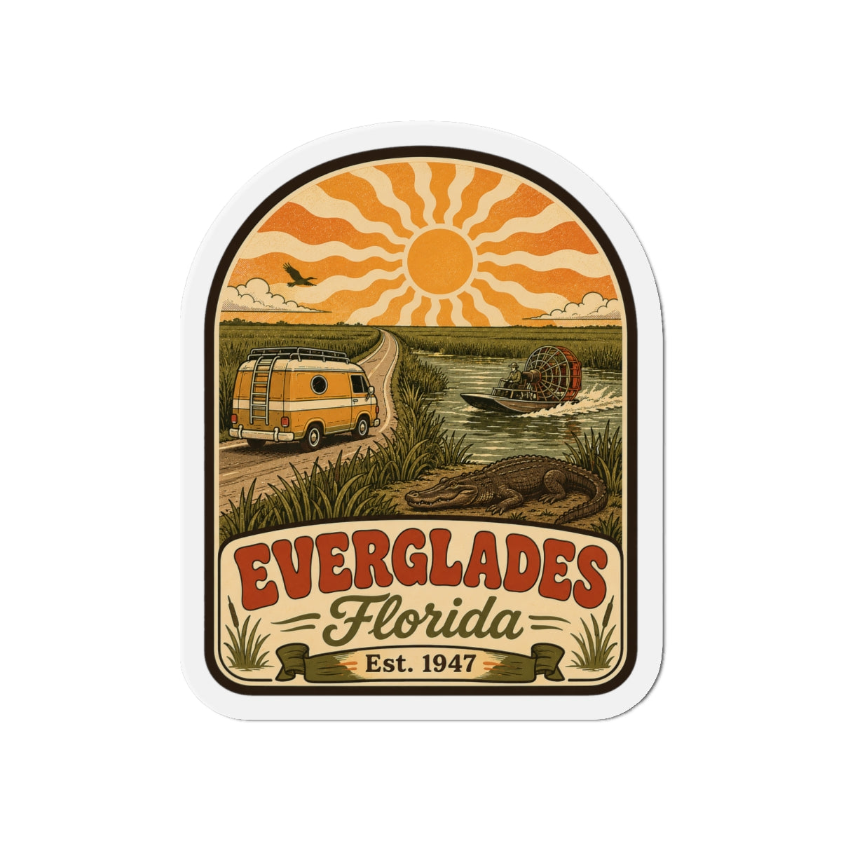 Everglades Florida die-cut fridge magnet sticker-style design, sun, van, and alligator
