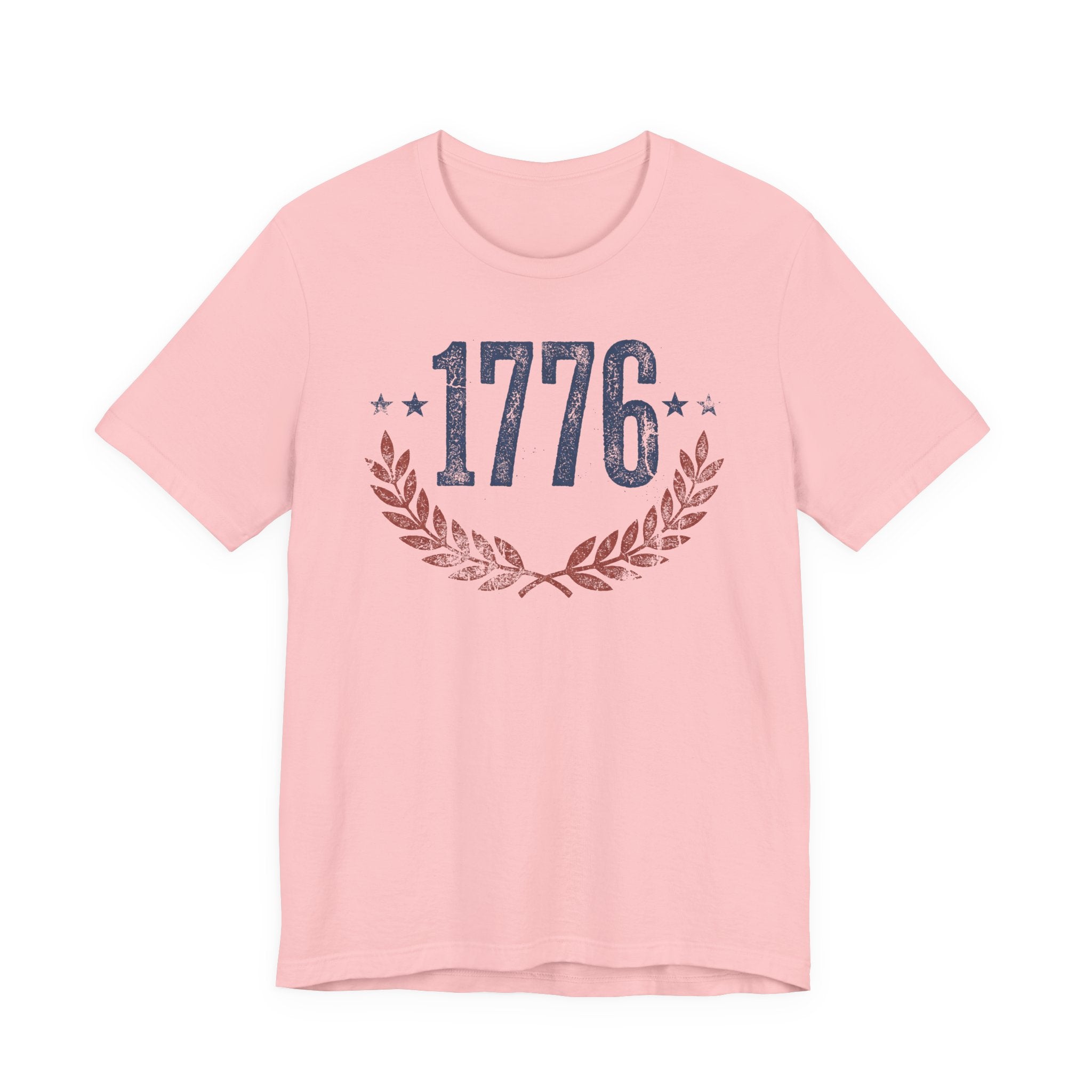 Pink T-shirt with “1776” graphic and laurel wreath design at the chest