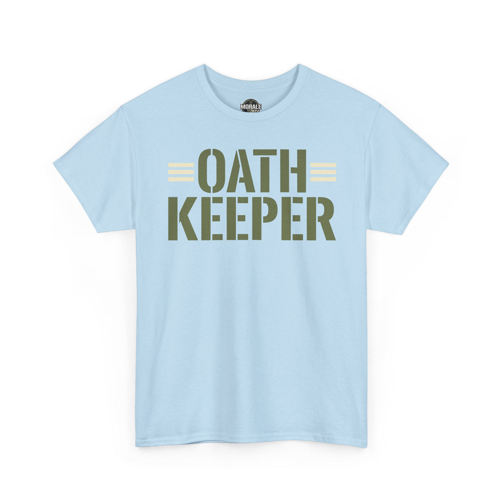 Light blue T-shirt with "OATH KEEPER" stencil graphic on front.