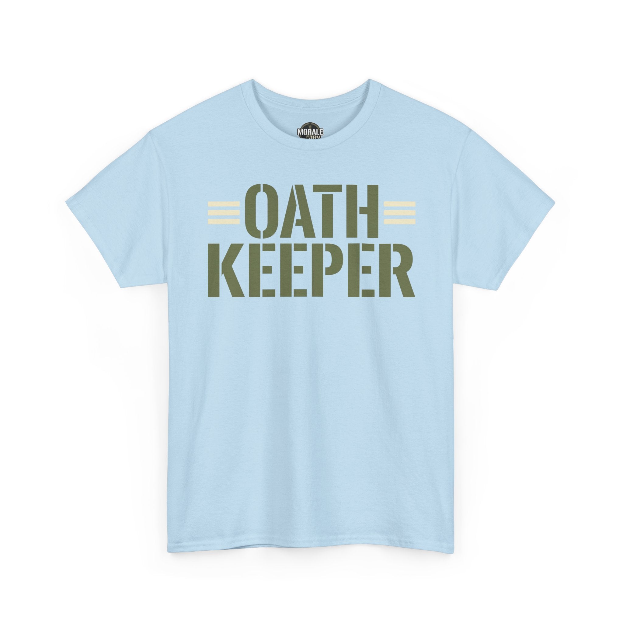 Light blue T-shirt with "OATH KEEPER" stencil graphic on front.