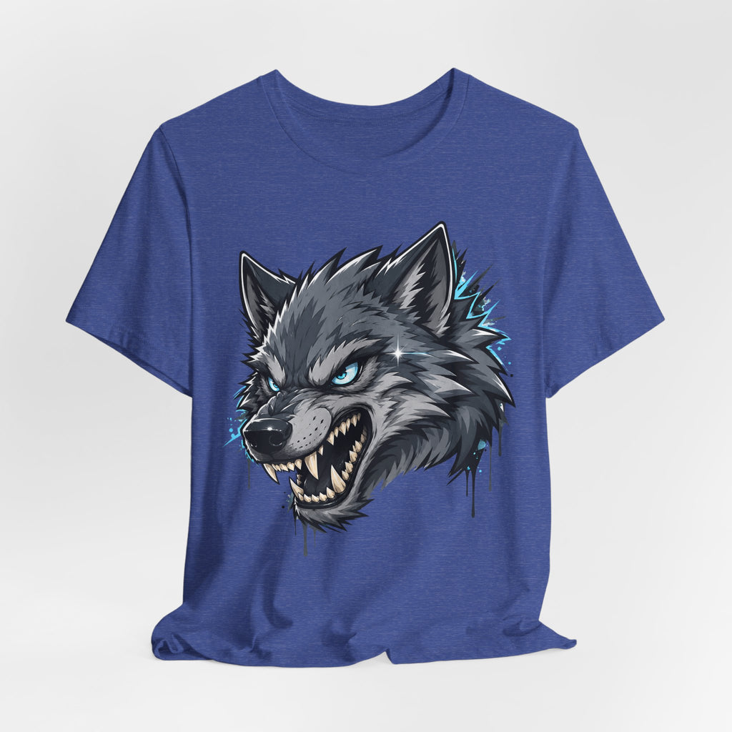 Royal blue crew-neck t-shirt with snarling wolf head graphic, short sleeves.