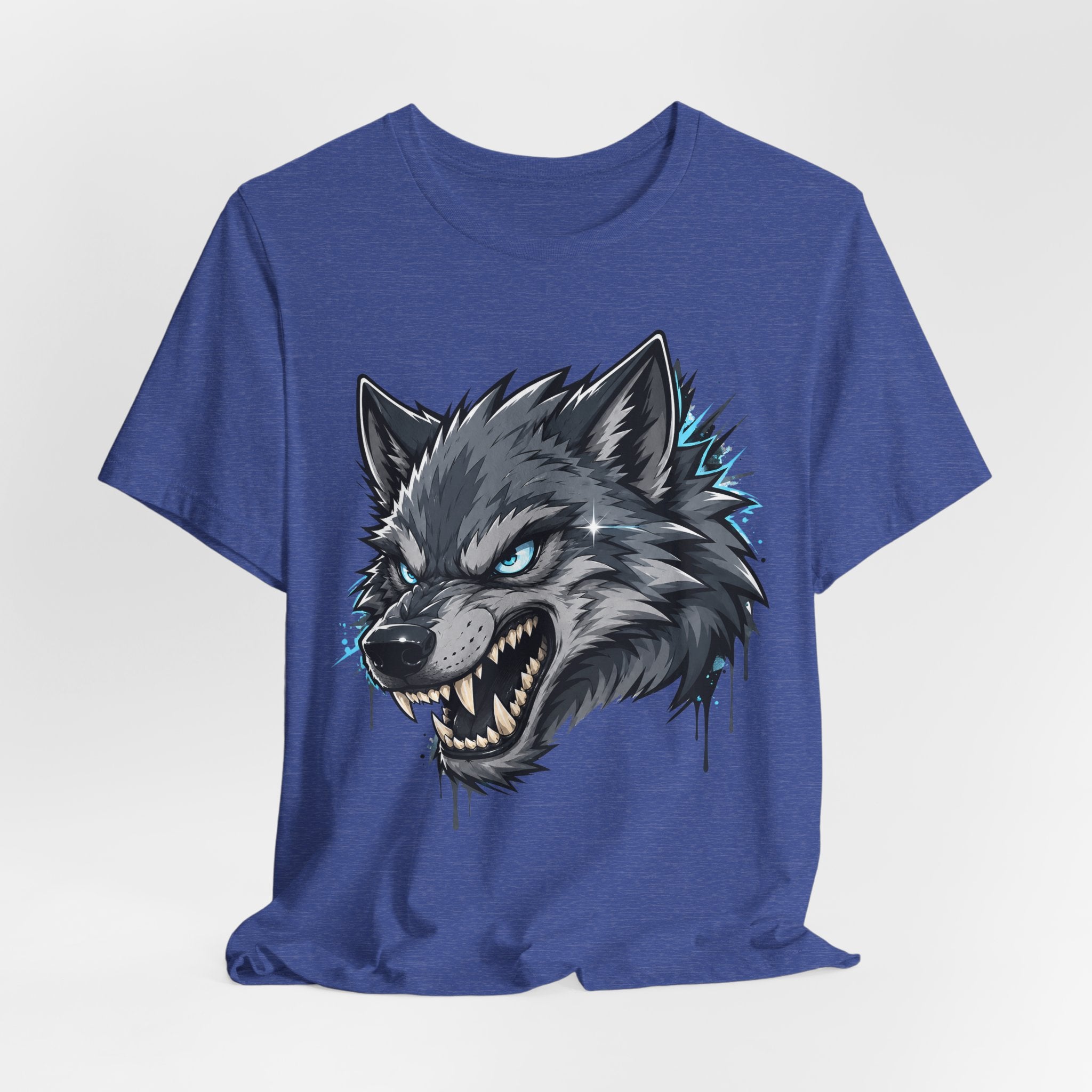 Royal blue crew-neck t-shirt with snarling wolf head graphic, short sleeves.