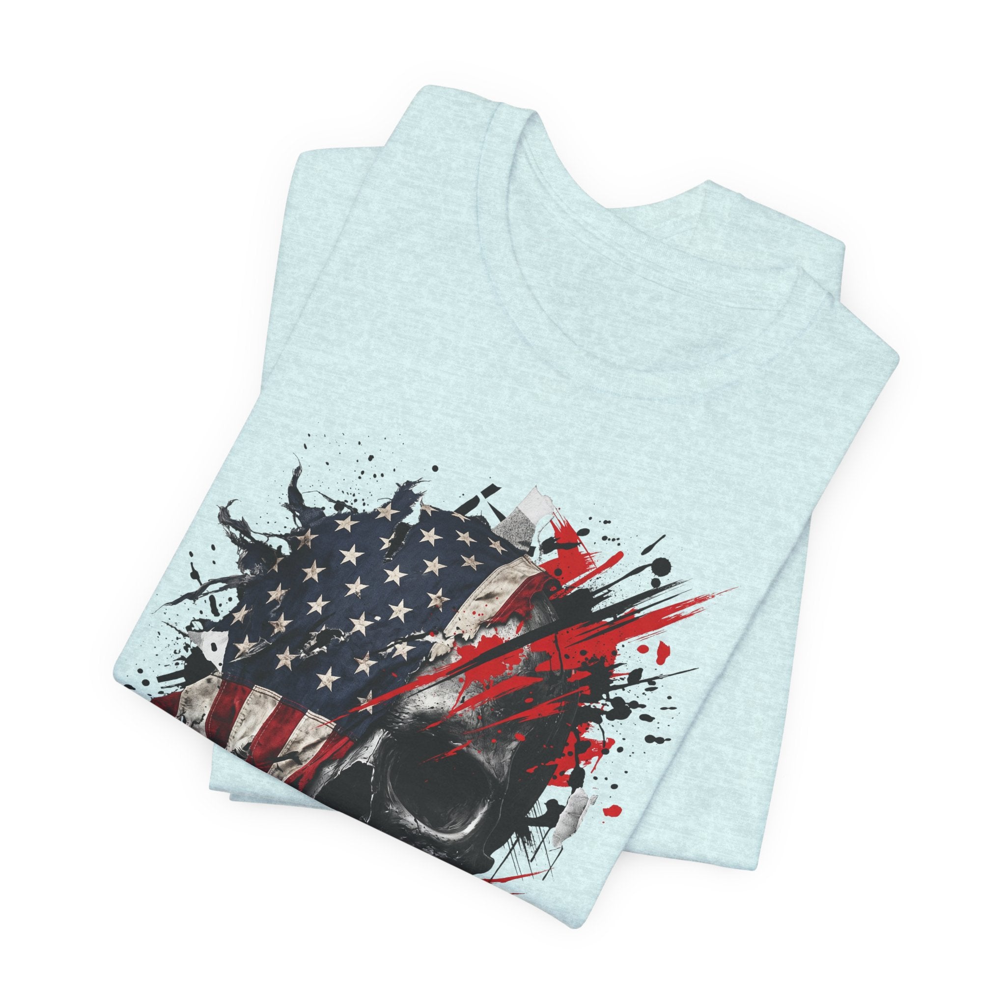 Light blue crewneck T-shirt with patriotic skull flag graphic, red-white-blue splashes