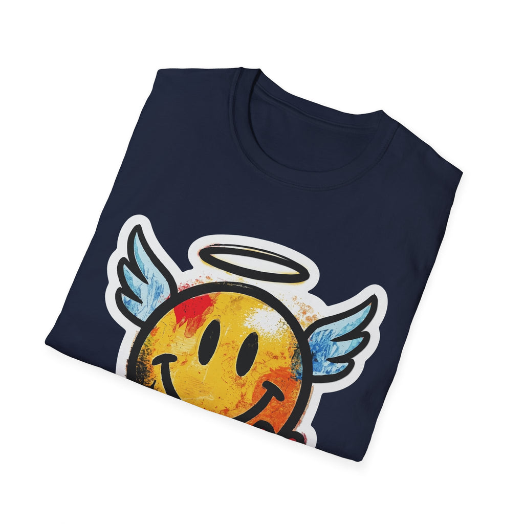 Graffiti Angel Smiley face with wings print, navy T-shirt