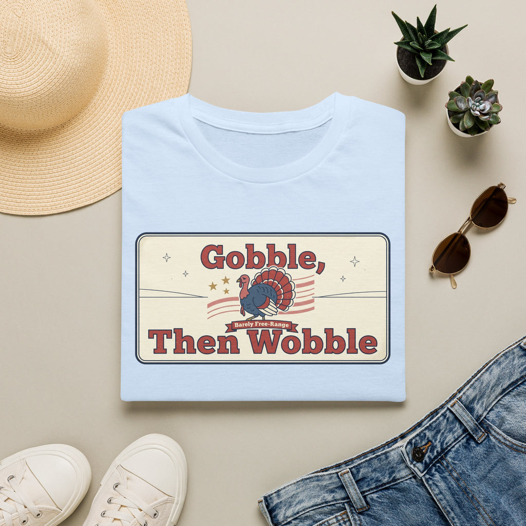 Light blue T-shirt with retro turkey graphic and “Gobble, Then Wobble” lettering