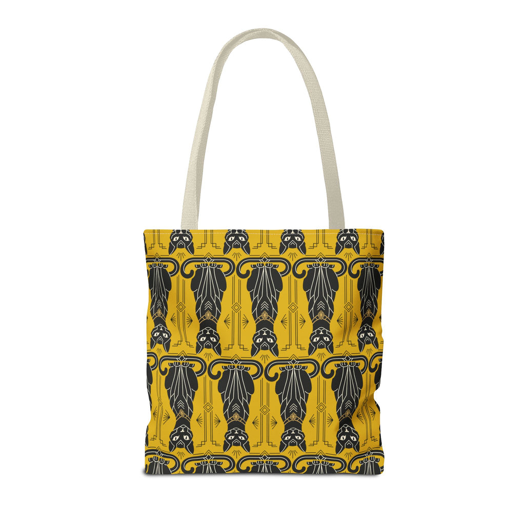 Yellow cat-pattern tote bag front view with light beige handles and navy cat silhouettes