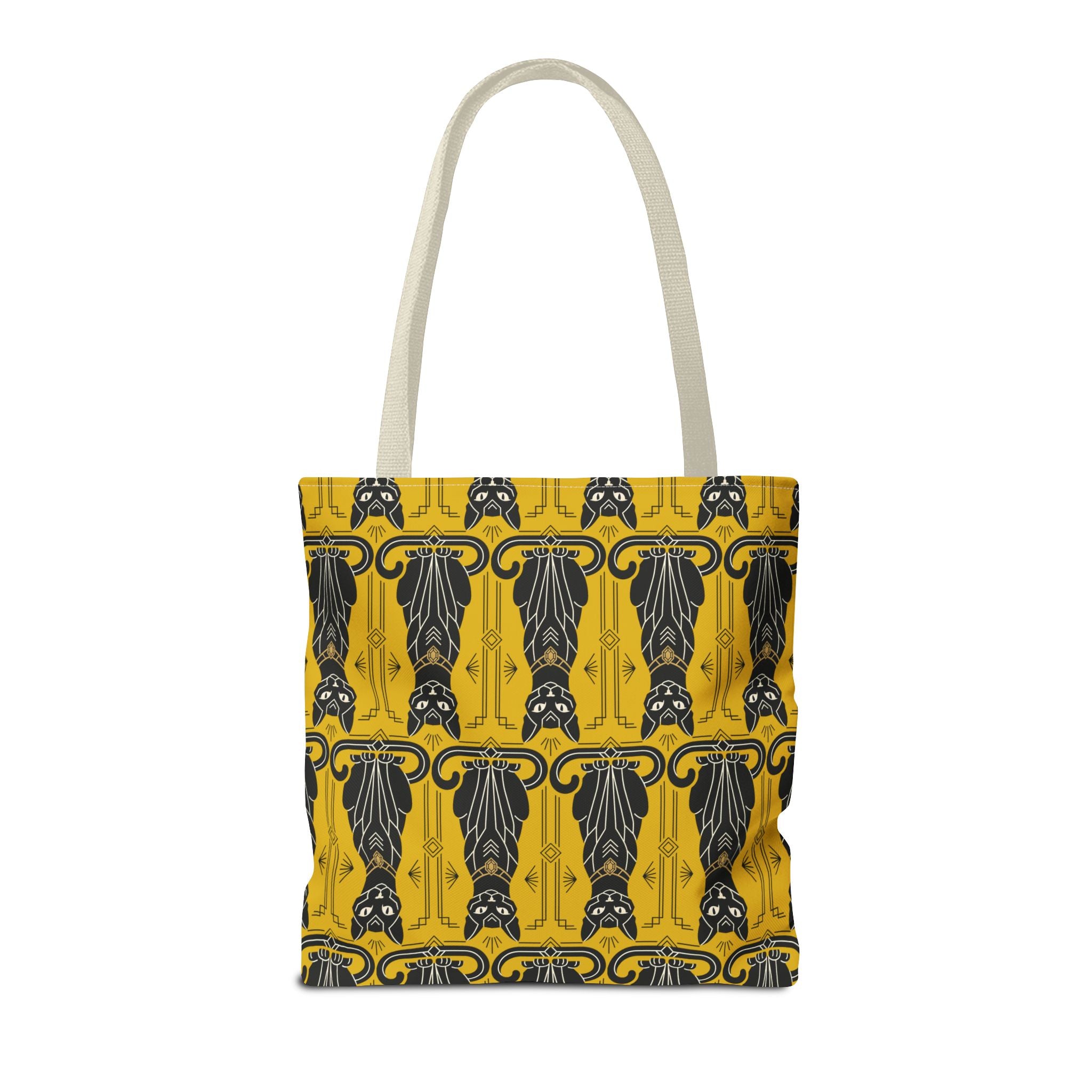 Yellow cat-pattern tote bag front view with light beige handles and navy cat silhouettes