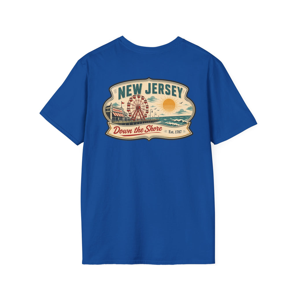 Royal blue T-shirt with New Jersey "Down the Shore" graphic