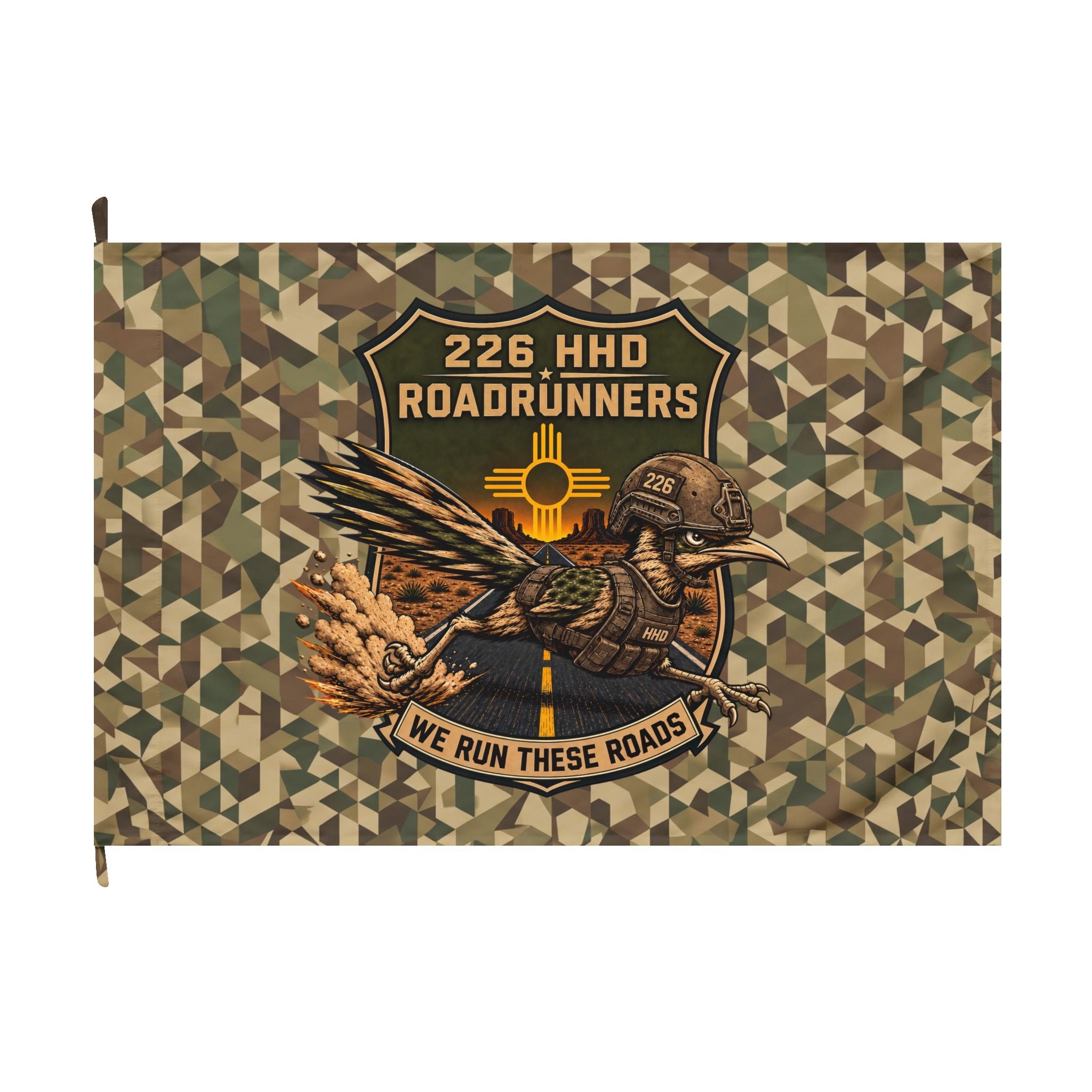 226 HHD Roadrunners Camo Flag – “We Run These Roads” Double-Sided Military Garden Banner
