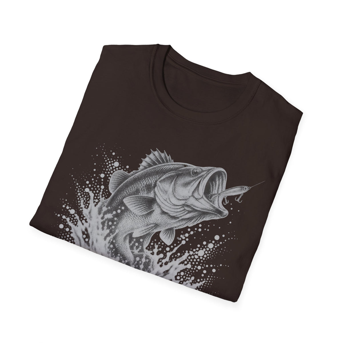 Dark brown crew-neck T-shirt with gray largemouth bass splash graphic on front