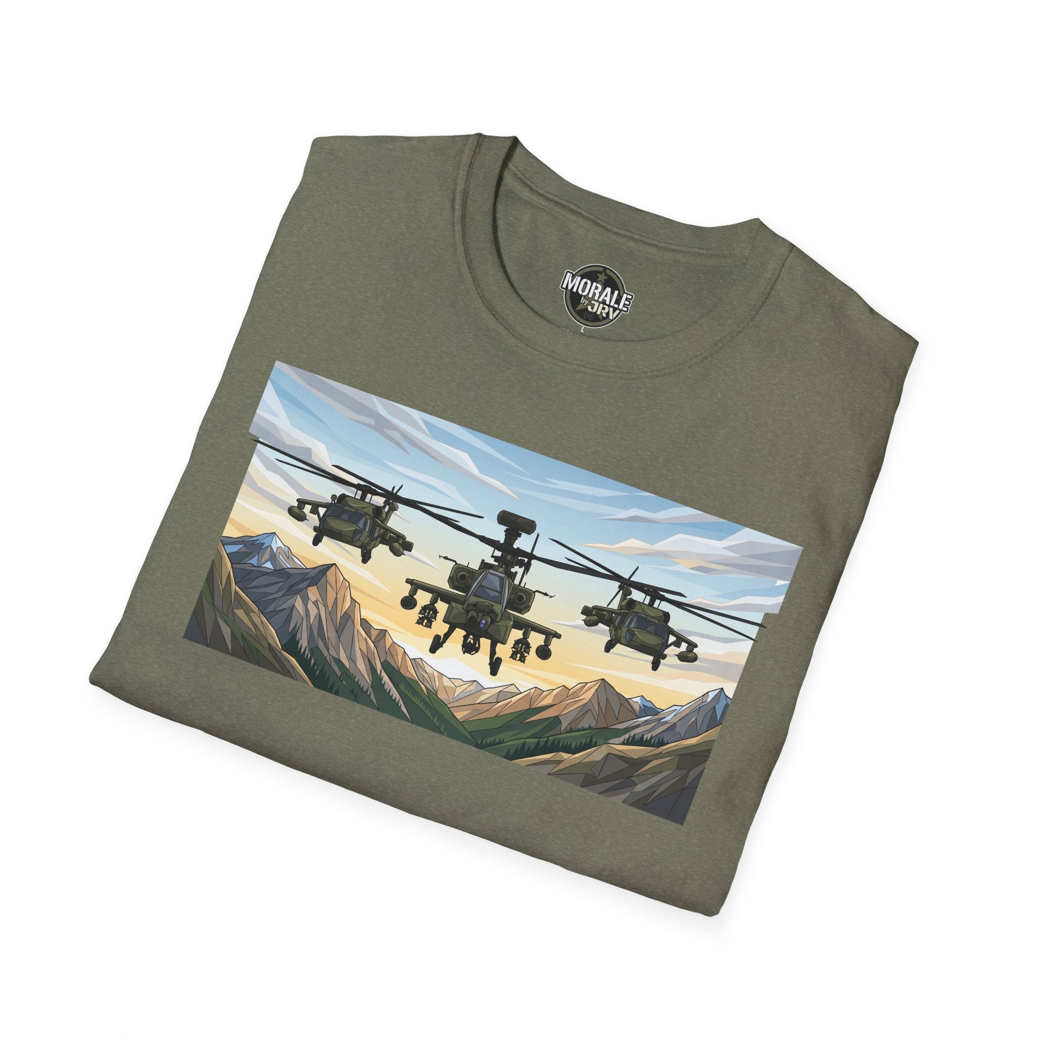 Heather Military Green T-shirt with attack helicopter graphic over mountains