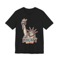 Black crewneck graphic T-shirt with Statue of Liberty and “LIBERTY EST. 1886”