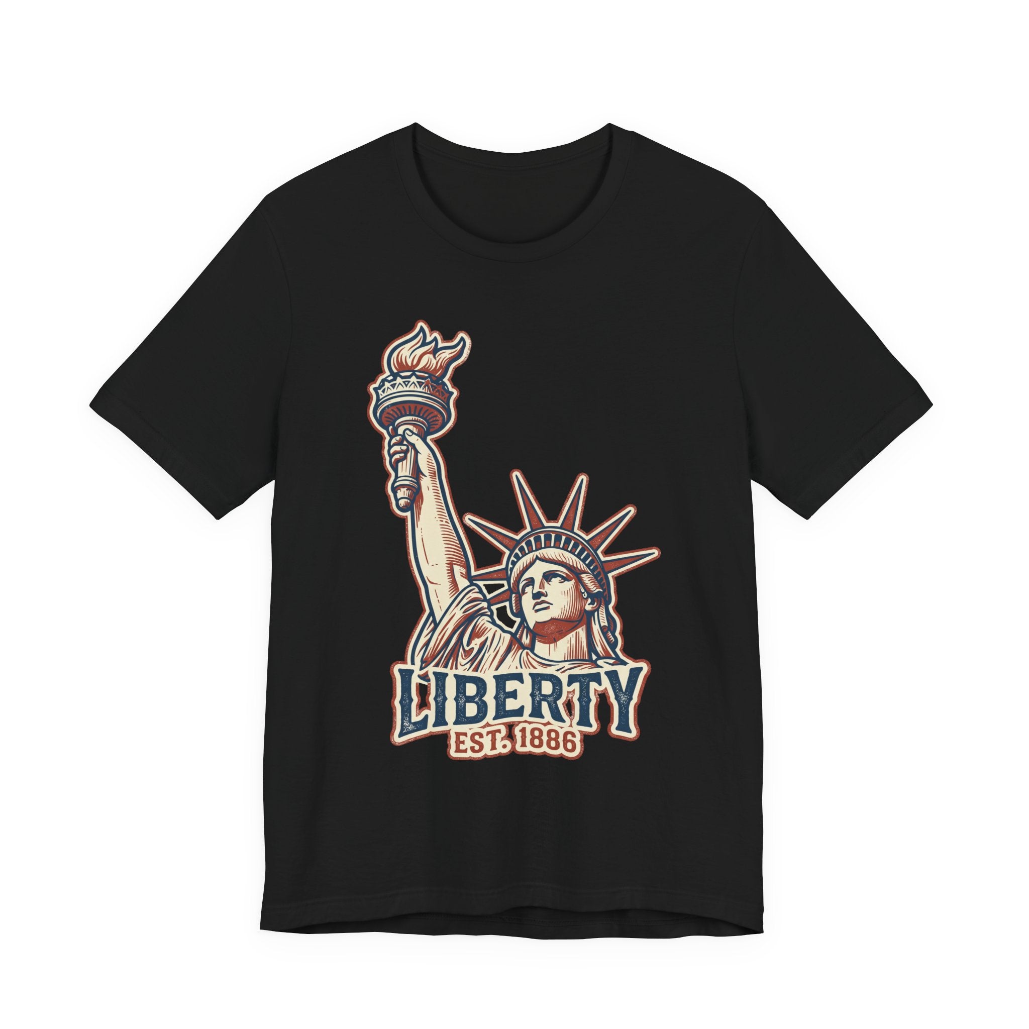 Black crewneck graphic T-shirt with Statue of Liberty and “LIBERTY EST. 1886”