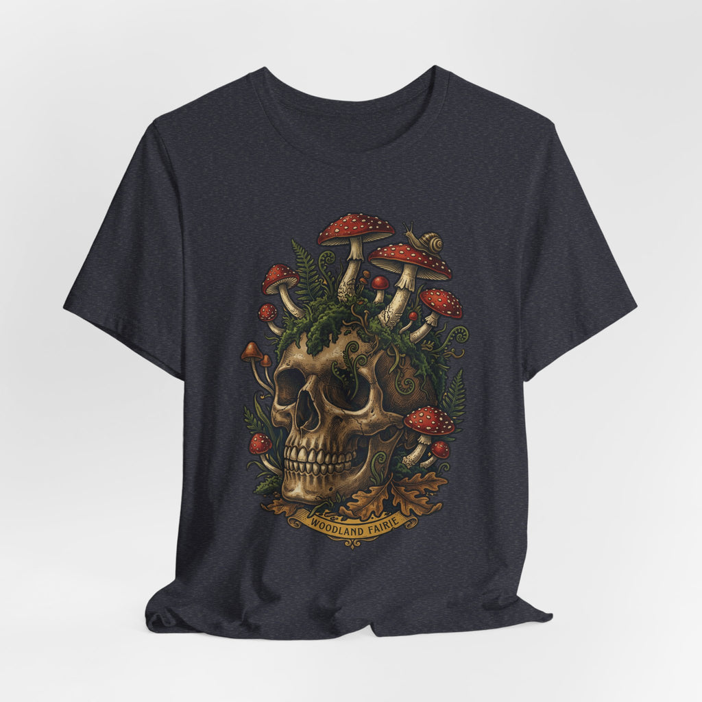 Mushroom skull T-shirt, dark charcoal tee with woodland fungi skull graphic