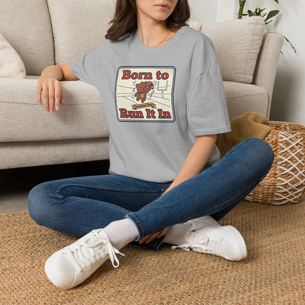 Heather gray T-shirt with bear running graphic and 'Born to Run It In' print