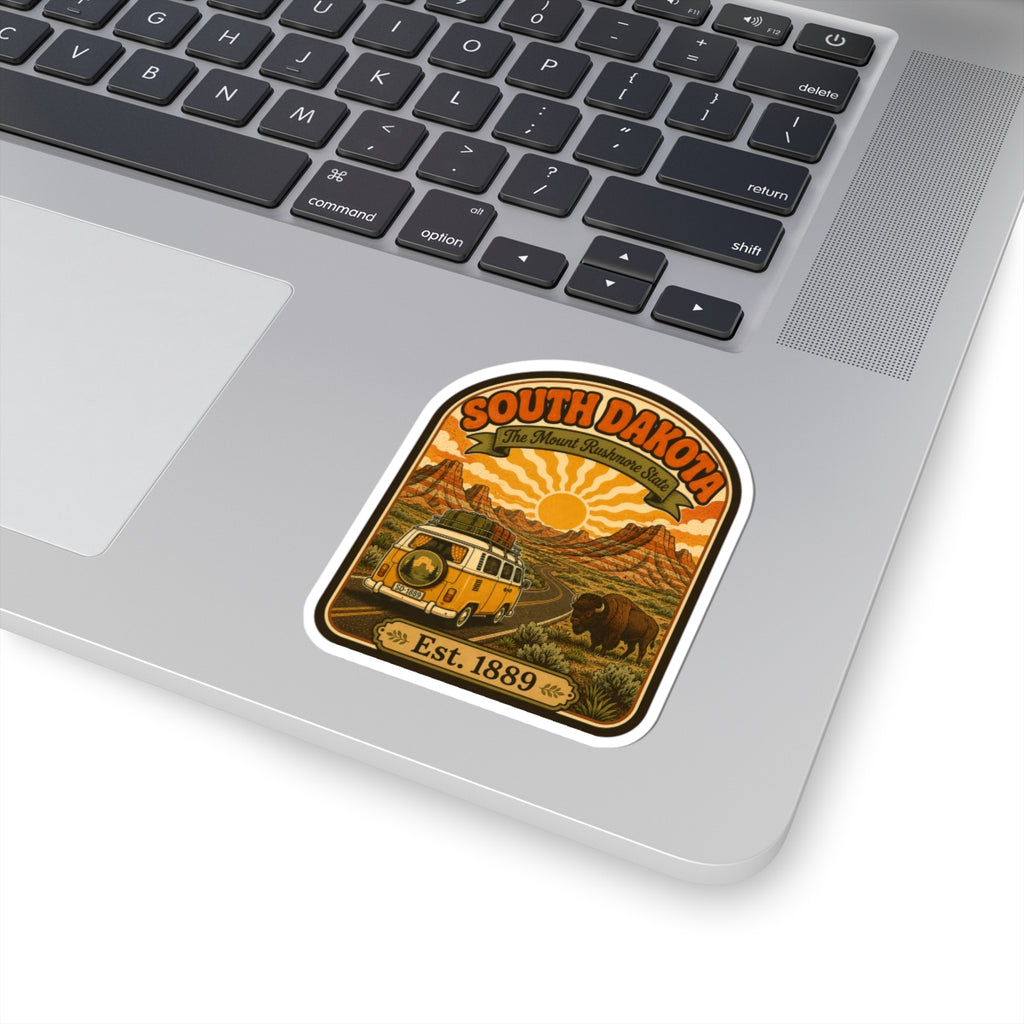 Die-cut South Dakota roadtrip sticker with vintage van, buffalo, and Est. 1889 on white border.