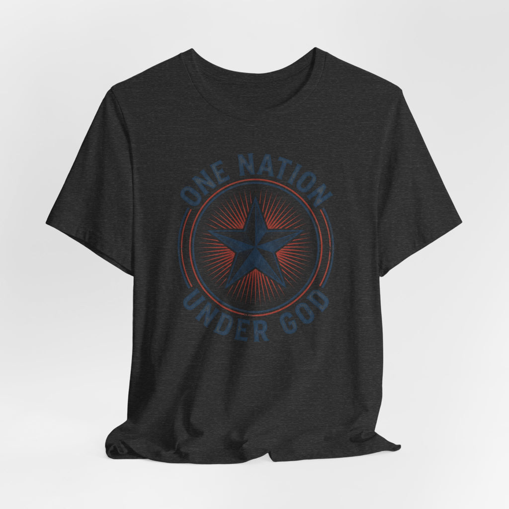 Black T-shirt with circular star graphic and 'ONE NATION UNDER GOD' text