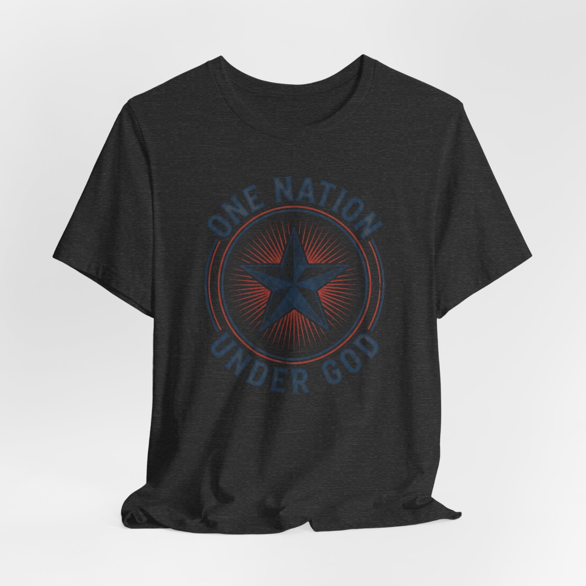 Black T-shirt with circular star graphic and 'ONE NATION UNDER GOD' text