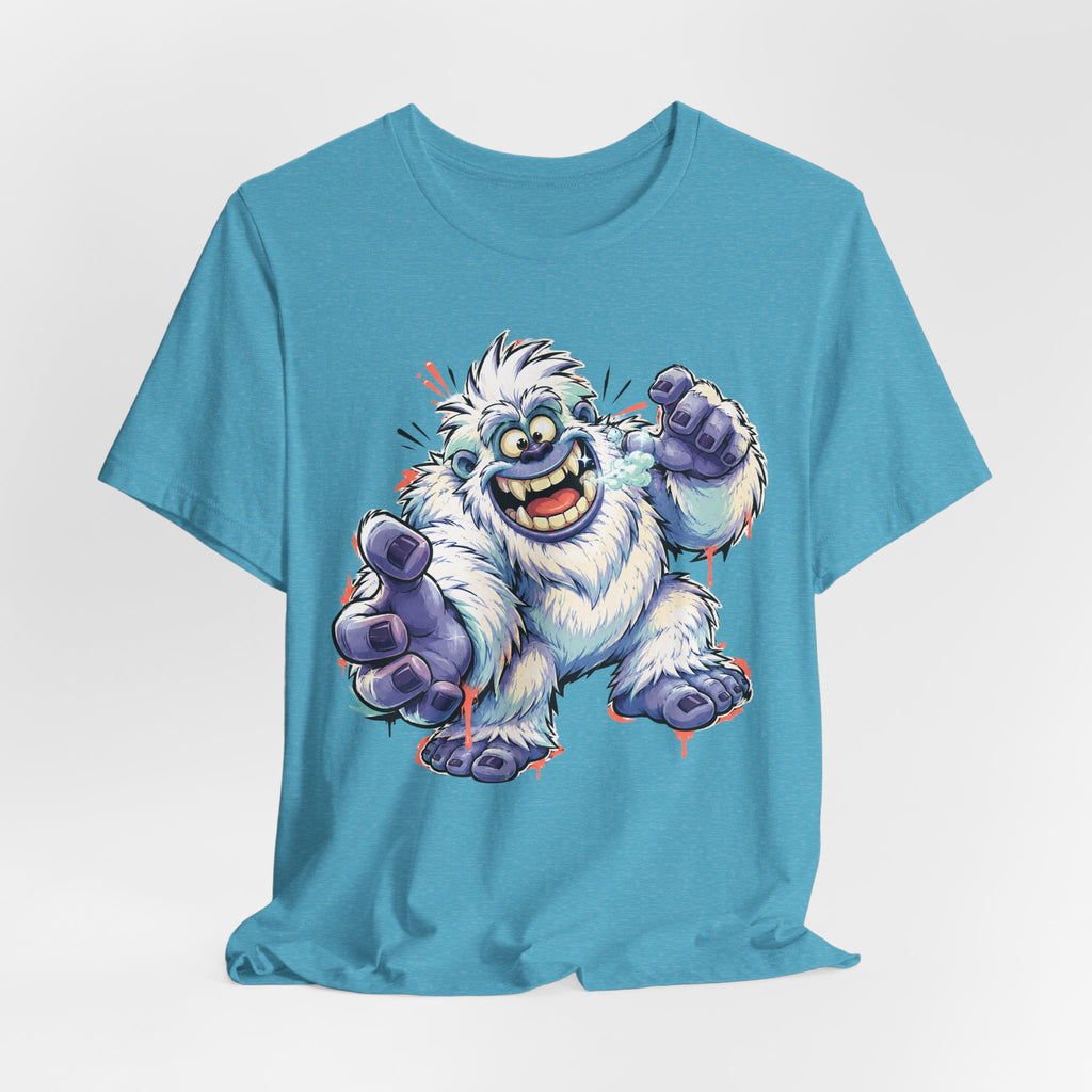 Teal heather T-shirt with cartoon yeti monster graphic, arms raised