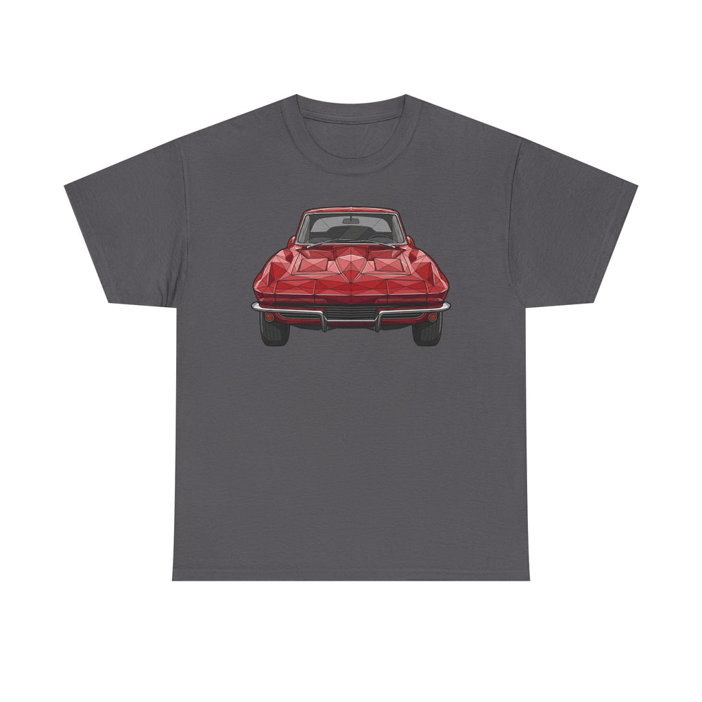 Charcoal grey T-shirt with red retro sports coupe graphic on the chest