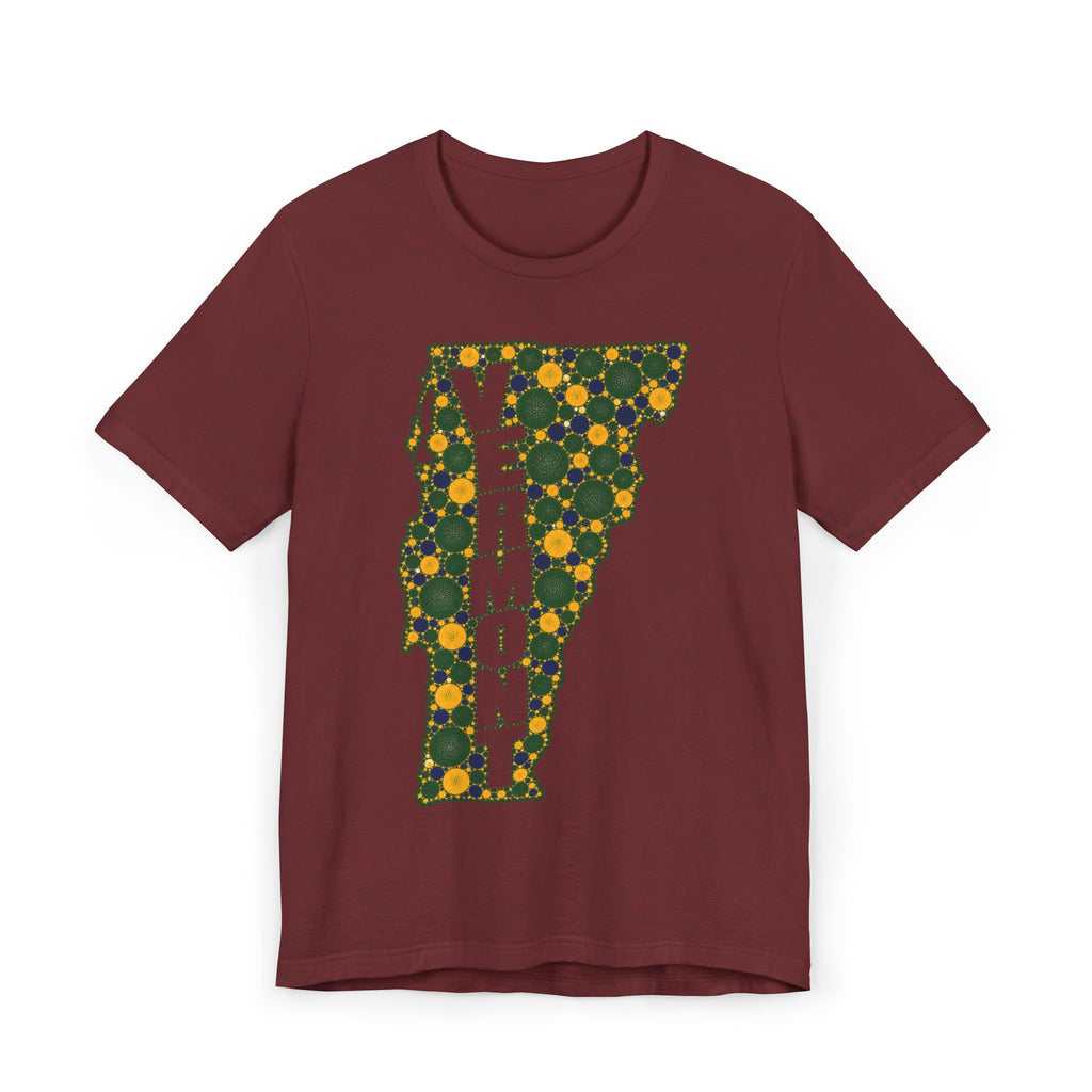 Burgundy graphic t-shirt with floral Vermont map outline and vertical "VERMONT" lettering.