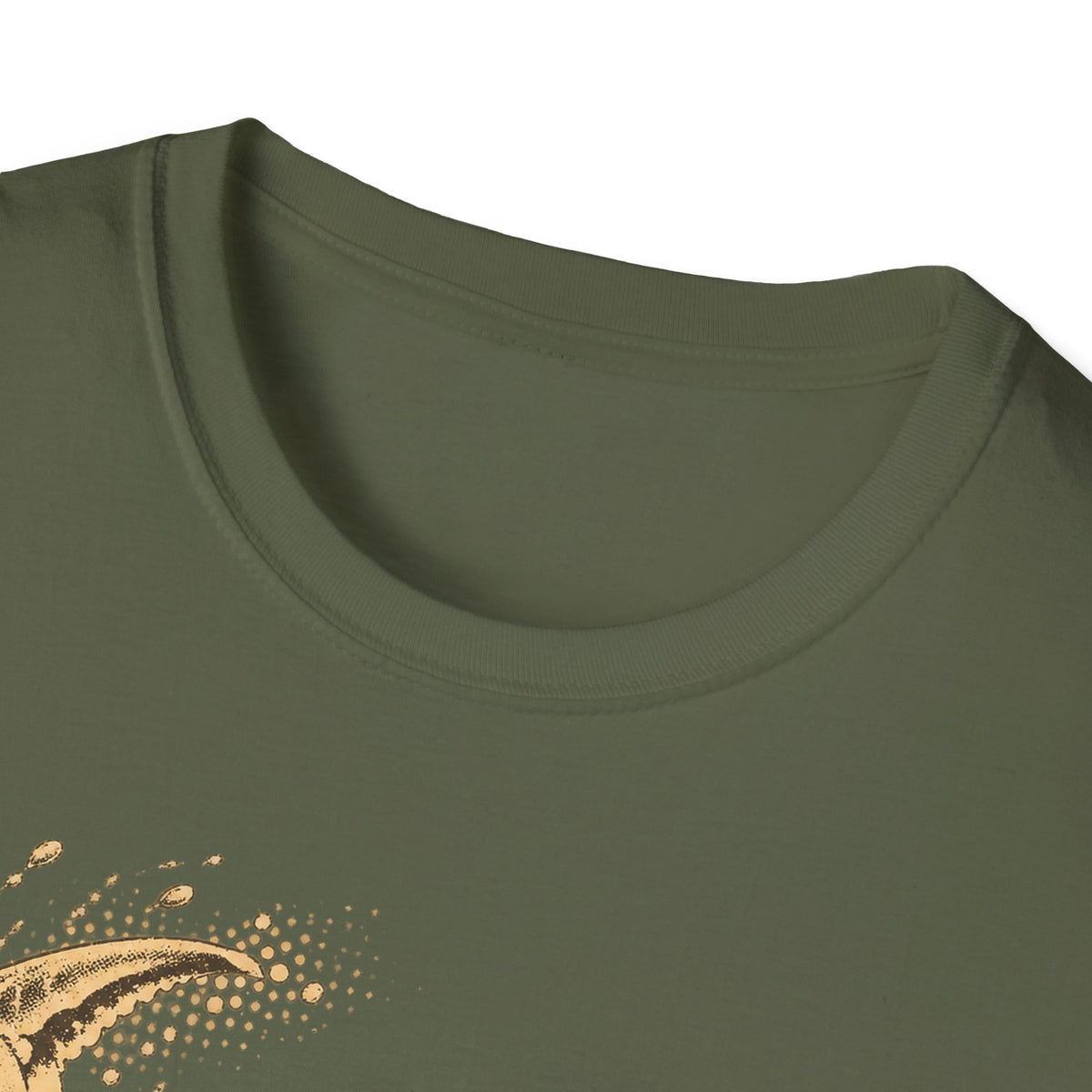 Olive green crew-neck T-shirt with gold crab graphic detail near the hem.