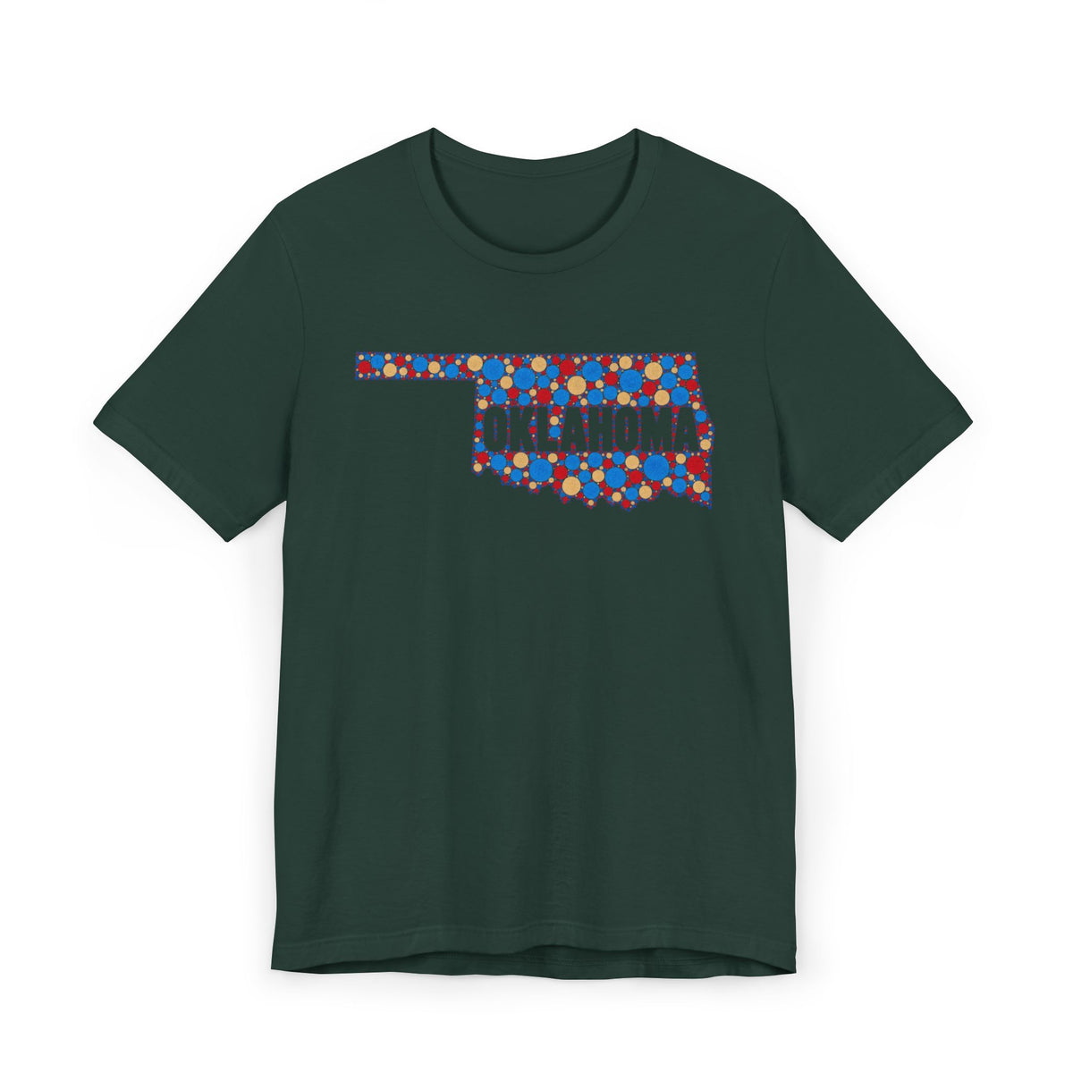Forest green T-shirt with colorful Oklahoma floral map graphic across chest