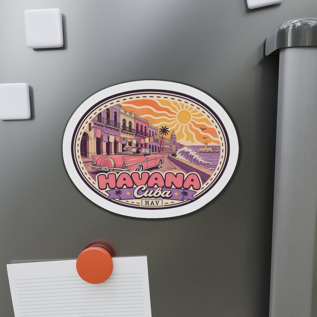 Circular die-cut sticker magnet with Havana logo, car illustration, and sunset waves