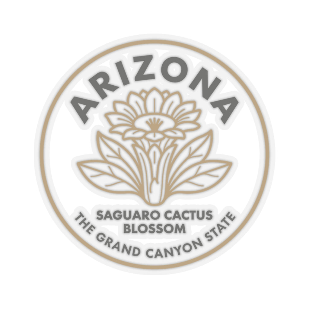 Circular decal showing Arizona text around a saguaro cactus blossom, beige on clear vinyl.