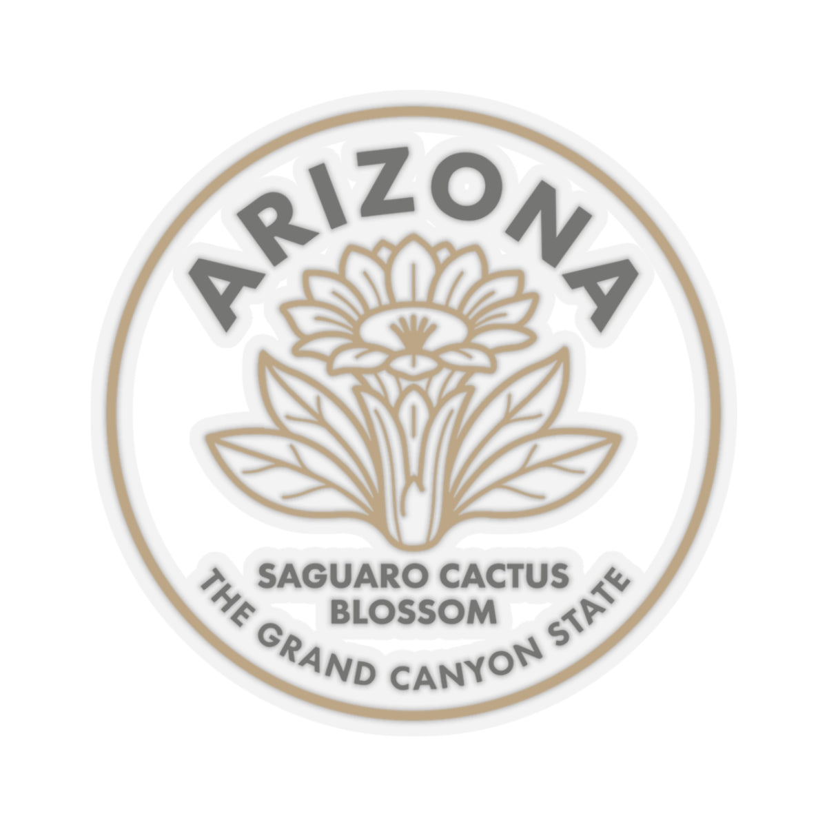 Circular decal showing Arizona text around a saguaro cactus blossom, beige on clear vinyl.